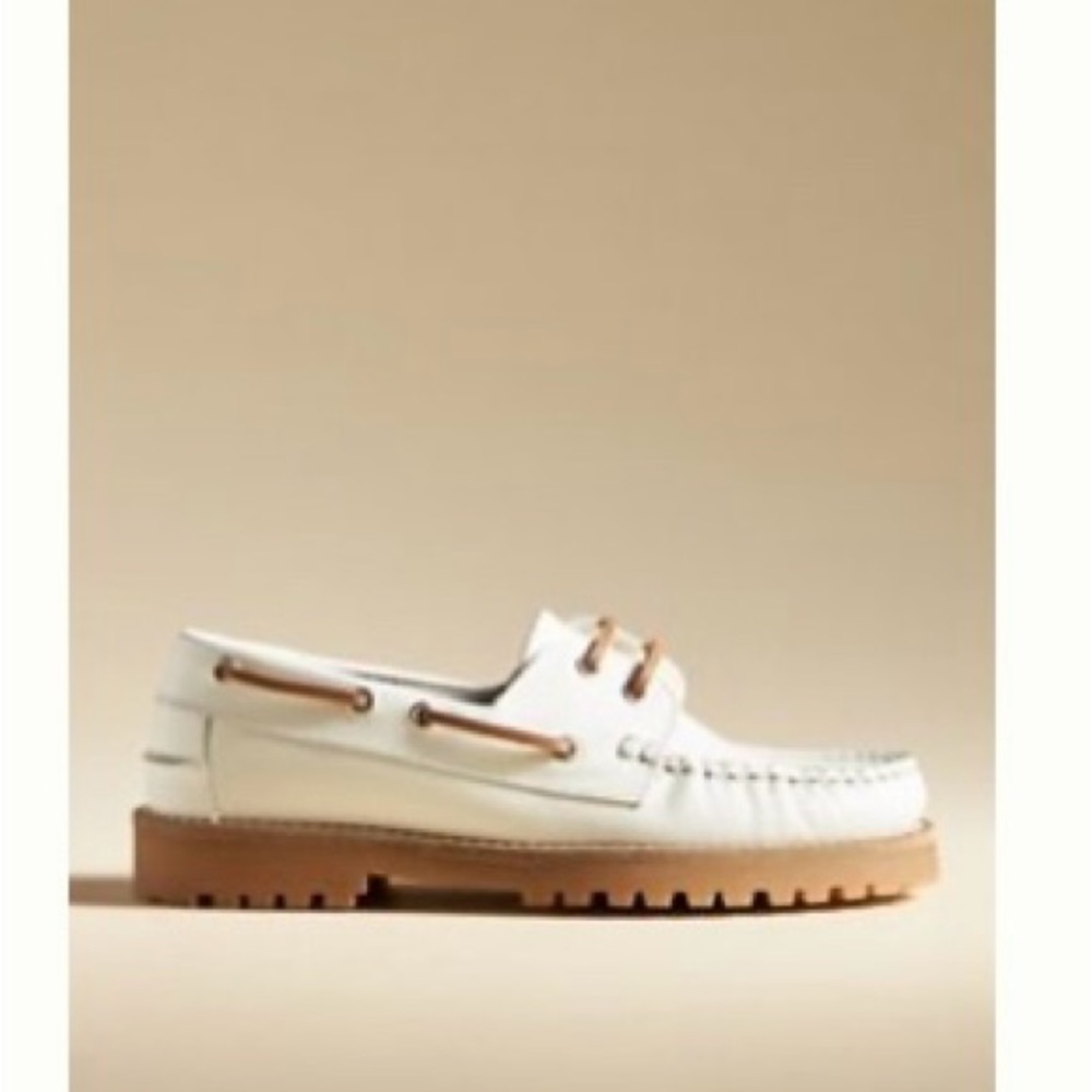 Anthropologie White Boat Shoes with Brown Sole